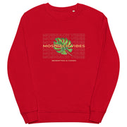 Unisex organic red sweatshirt with "MOSHIACH VIBES" logo.