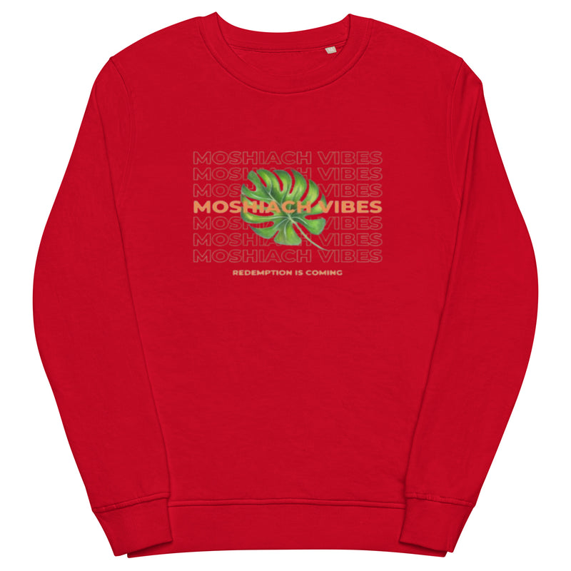 Unisex organic red sweatshirt with "MOSHIACH VIBES" logo.