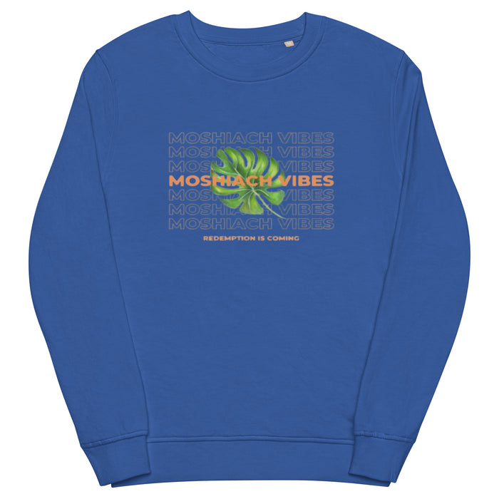 Unisex organic royal blue sweatshirt with "MOSHIACH VIBES" logo.