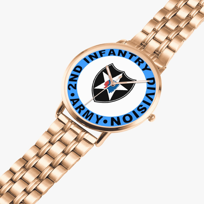 2nd Infantry Division Goldtone Watch is displayed in a perspective view on a white background with the gold metal strap stretched out.