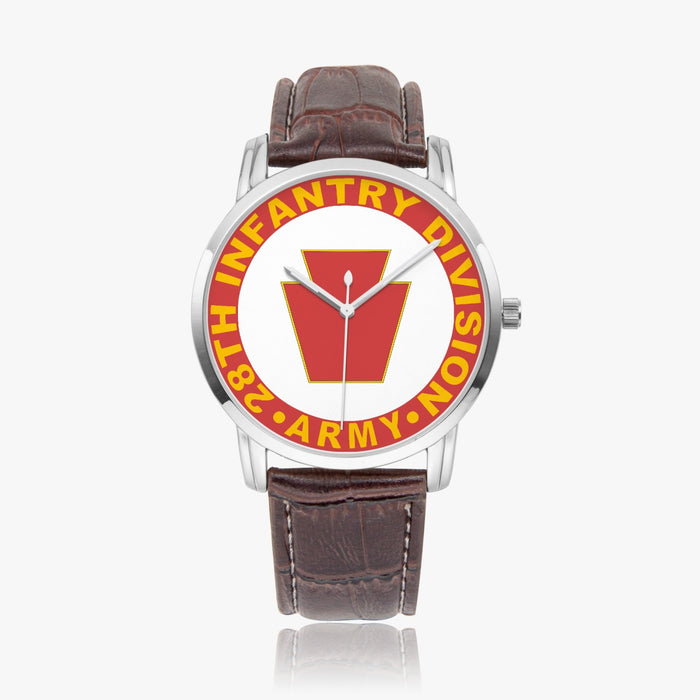 28th Infantry Division-Wide Type Silver Watch with a Brown Leather Band