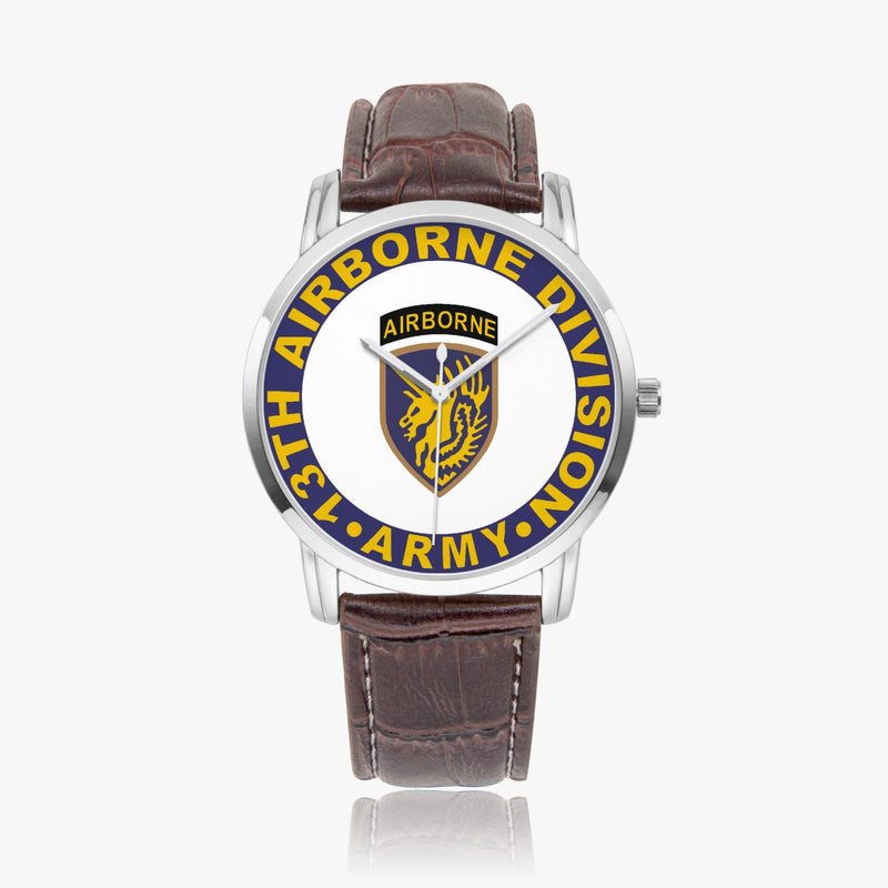 13th Airborne Division-Wide Type Silver Watch with a Brown Leather Band