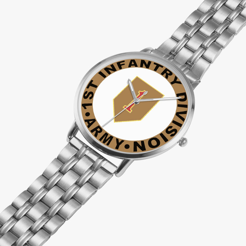 1st Infantry Division Silvertone Watch is displayed in a perspective view on a white background with the silver metal strap stretched out.