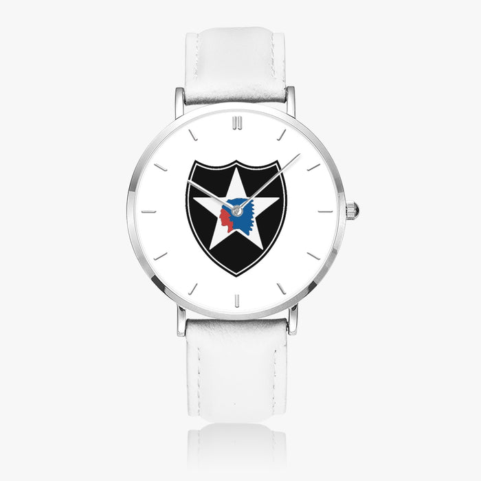 2nd Infantry Division-Ultra Thin Leather Strap Quartz Watch (Silver With Indicators)