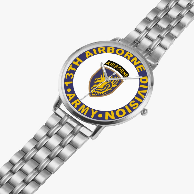 13th Airborne Division Silvertone Watch is displayed in a perspective view on a white background with the silver metal strap stretched out.
