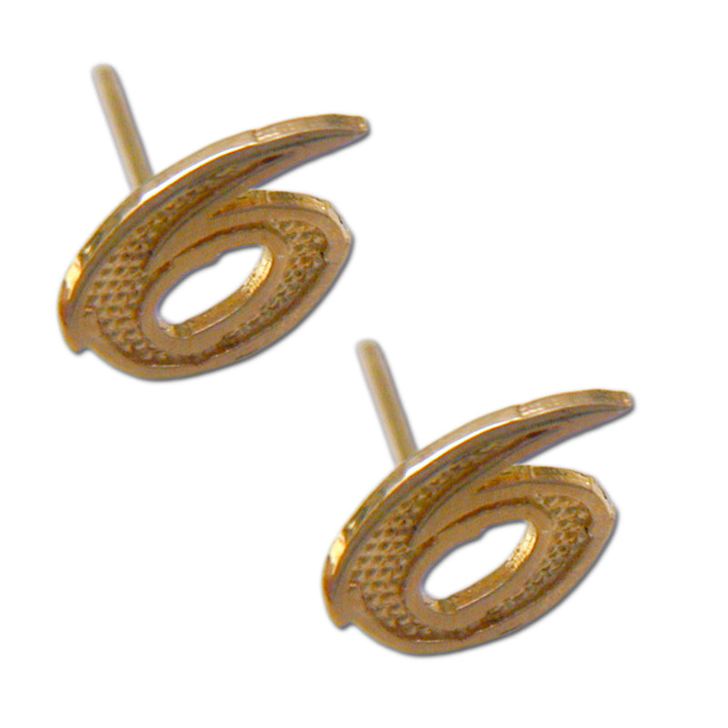 The #6 NASCAR Driver 14 kt gold post earrings feature a textured inner design and smooth outer edge, shaped like the number six. Shown on a white background and inspired by Montana Silversmiths NASCAR Driver earrings.