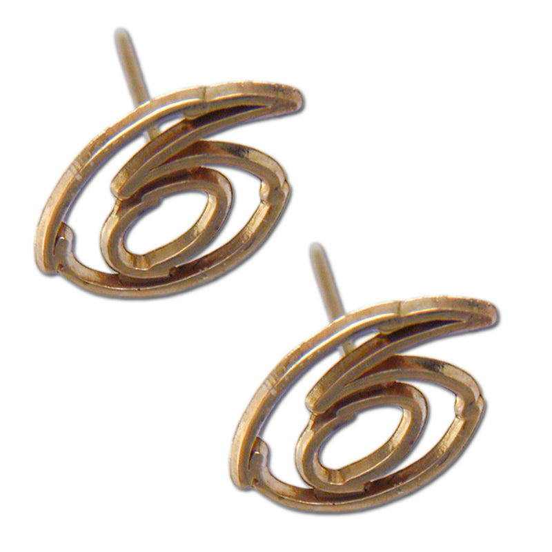 A pair of #6 NASCAR Driver 14 kt gold open post earrings featuring an abstract, swirling oval design with overlapping curved lines—ideal for fans seeking unique style and luxury.