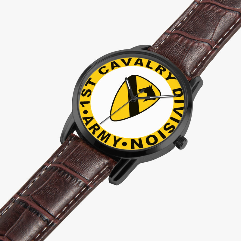 1st Cavalry Division-Wide Type Black Watch is displayed in a perspective view on a white background with the brown leather band.