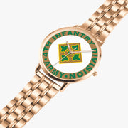 4th Infantry Division Goldtone Watch is displayed in a perspective view on a white background with the gold metal strap stretched out.