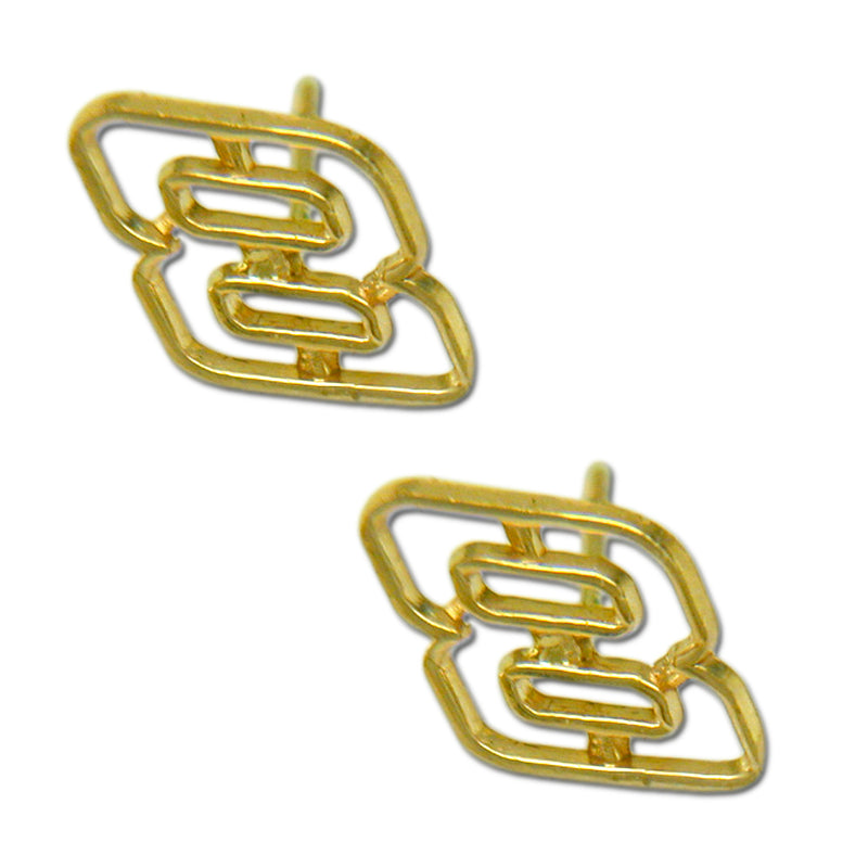 A pair of #8 NASCAR Driver 14 kt gold Open Post Earrings arranged diagonally on a white background.