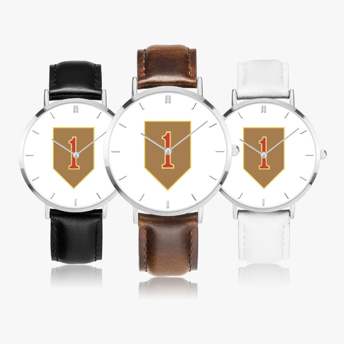 1st Infantry Division-Ultra Thin Leather Strap Quartz Watch (Silver With Indicators)