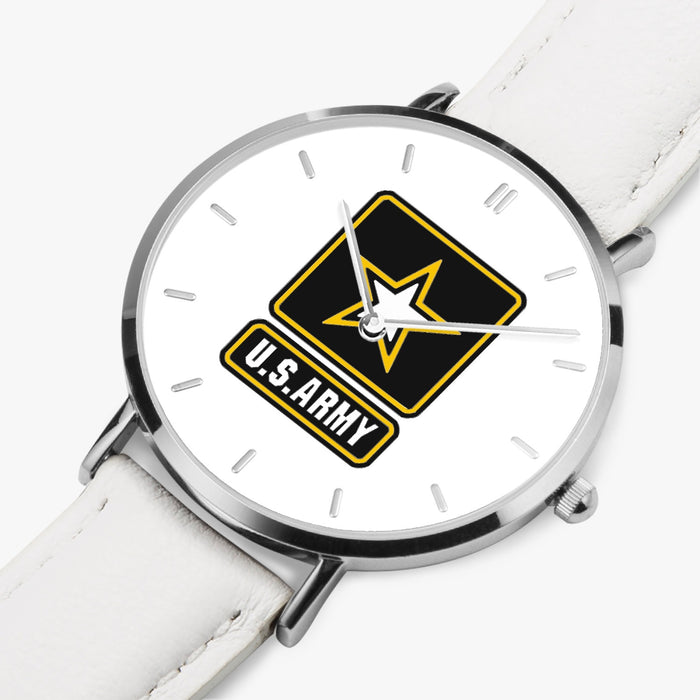 US Army-Ultra Thin Leather Strap Quartz Watch (Silver With Indicators)