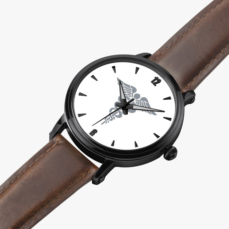 Hospital Corpsman-46mm Automatic Watch is displayed in a perspective view on a white background with a brown leather band