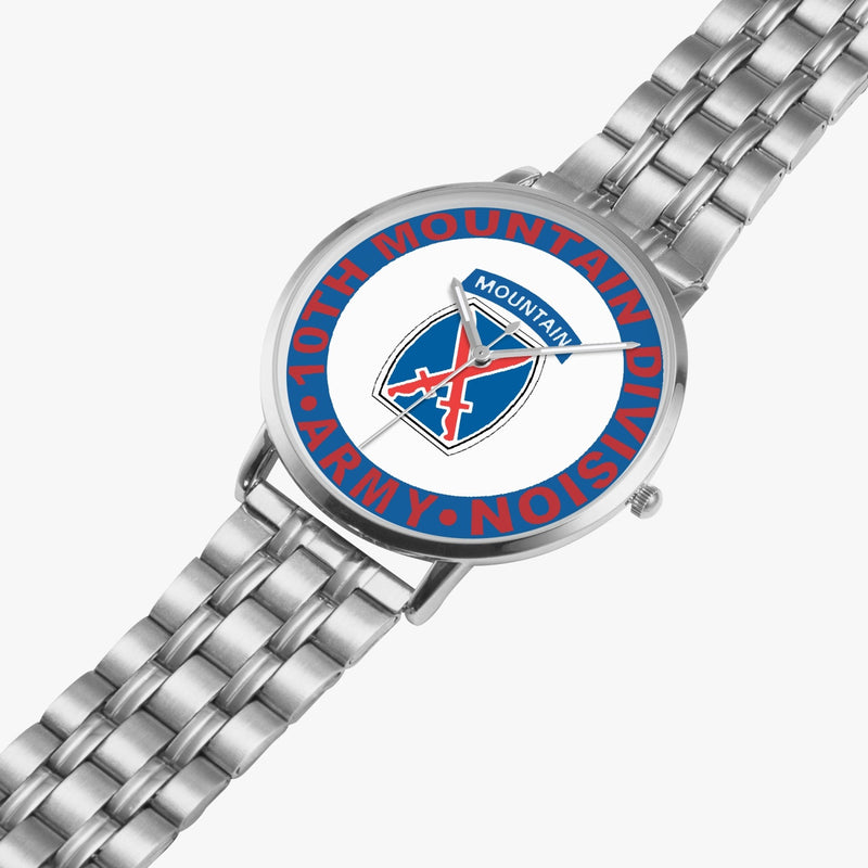 10th Mountain Division Silvertone Watch is displayed in a perspective view on a white background with the silver metal strap stretched out.