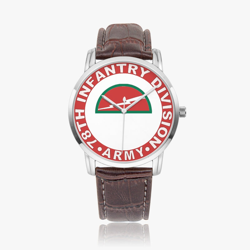 78th Infantry Division-Wide Type Silver Watch with a Brown Leather Band
