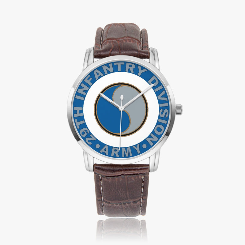 29th Infantry Division-Wide Type Silver Watch with a Brown Leather Band