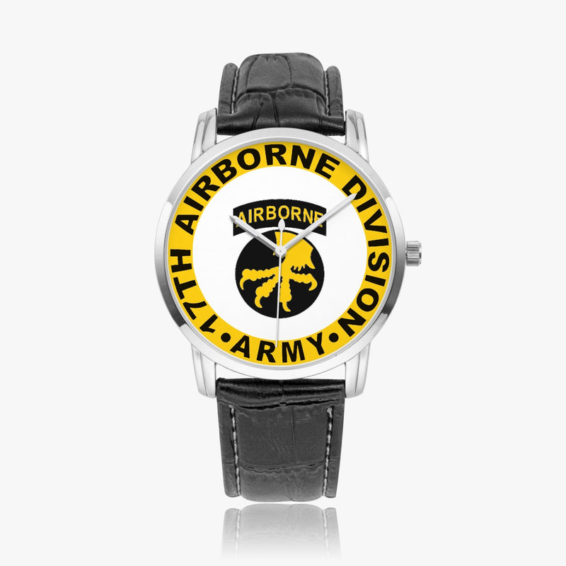 17th Airborne Division-Wide Type Silver Watch with a Black Leather Band