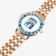 XVIII Airborne Corps Goldtone Watch is displayed in a perspective view on a white background with the gold metal strap stretched out.