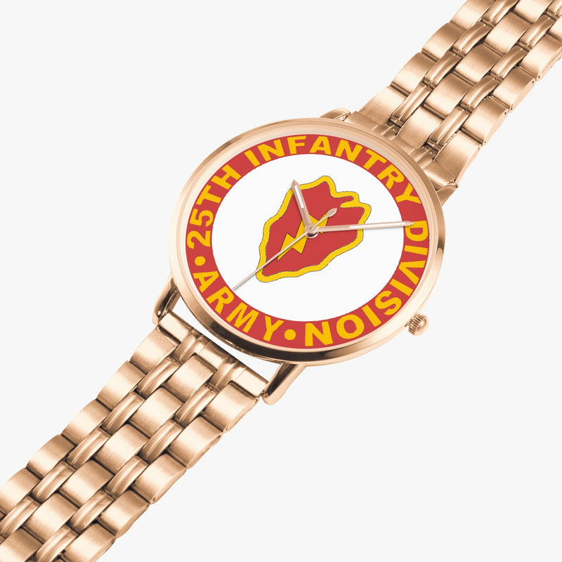 25th Infantry Division Goldtone Watch is displayed in a perspective view on a white background with the gold metal strap stretched out.