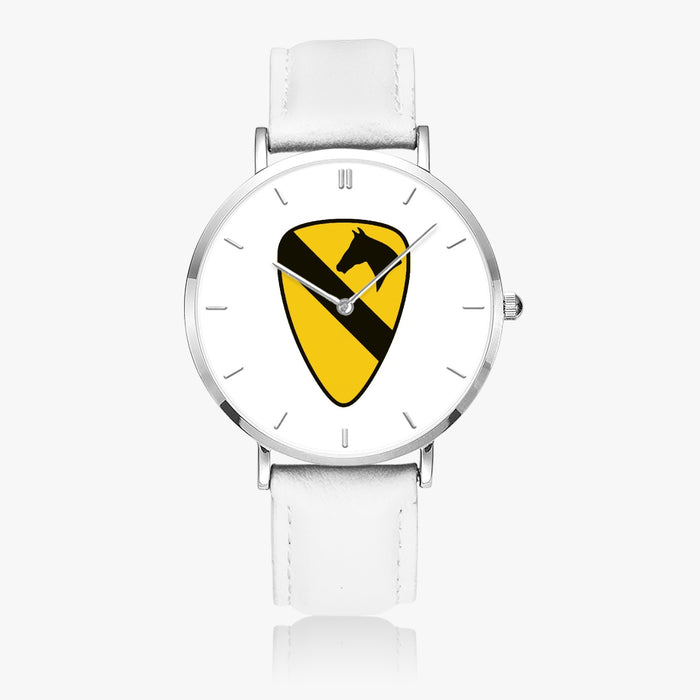 1st Cavalry Division-Ultra Thin Leather Strap Quartz Watch (Silver With Indicators)