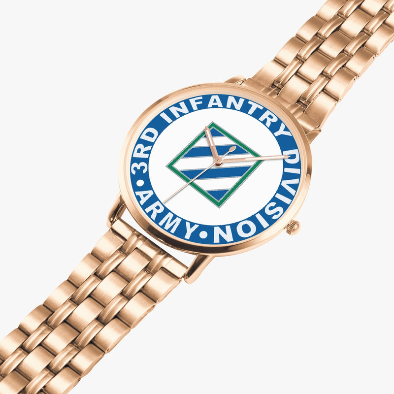 3rd Infantry Division Goldtone Watch is displayed in a perspective view on a white background with the gold metal strap stretched out.