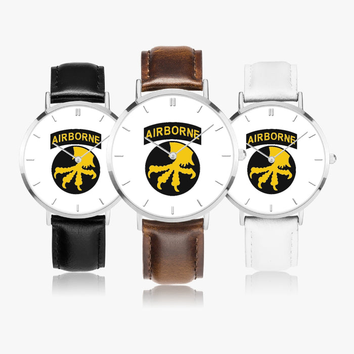 17th Airborne Division-Ultra Thin Leather Strap Quartz Watch (Silver With Indicators)