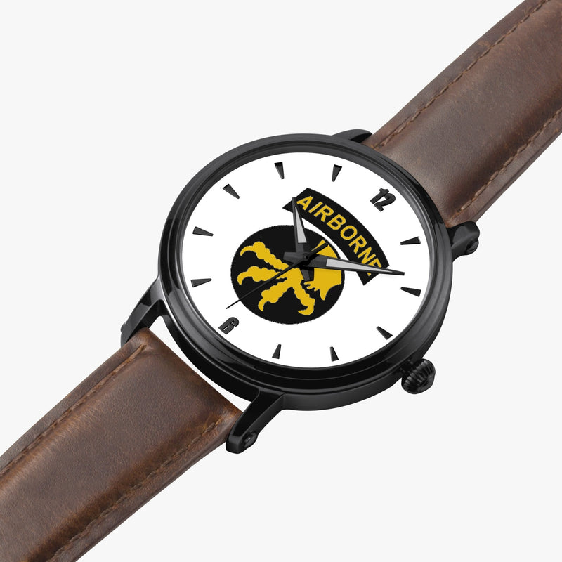 17th Airborne Division-46mm Automatic Watch is displayed in a perspective view on a white background with a brown leather band