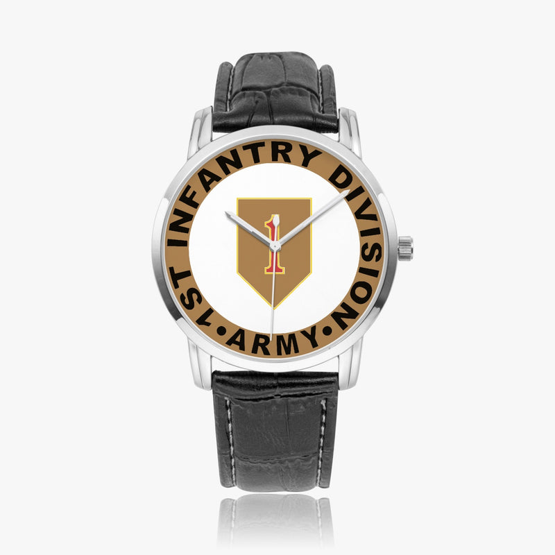 1st Infantry Division-Wide Type Silver Watch with a Black Leather Band