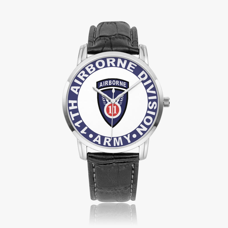 11th Airborne Division-Wide Type Silver Watch with a Black Leather Band