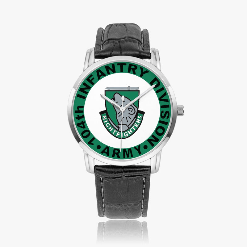 104th Infantry Division-Wide Type Silver Watch with a Black Leather Band