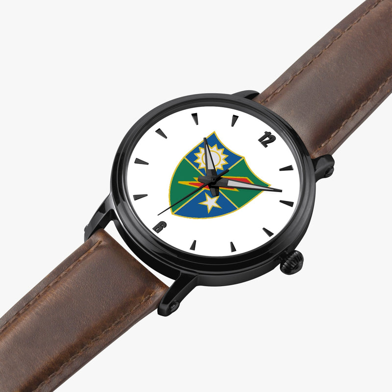 75th Ranger Regiment-46mm Automatic Watch is displayed in a perspective view on a white background with a brown leather band
