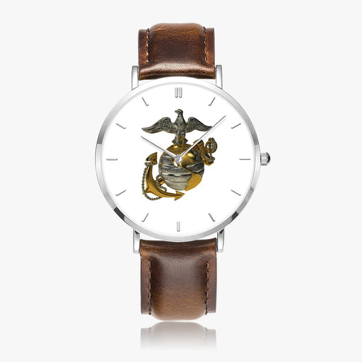 US Marine Corps-Ultra Thin Leather Strap Quartz Watch (Silver With Indicators)