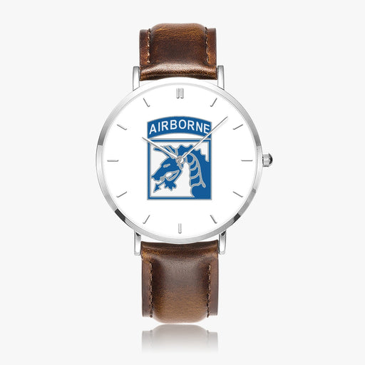 XVIII Airborne Corps-Ultra Thin Leather Strap Quartz Watch (Silver With Indicators)