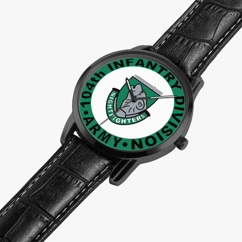 104th Infantry Division-Wide Type Black Watch is displayed in a perspective view on a white background with the black leather band.