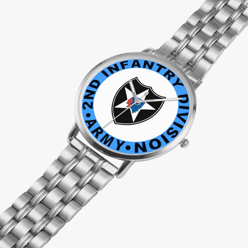 2nd Infantry Division Silvertone Watch is displayed in a perspective view on a white background with the silver metal strap stretched out.