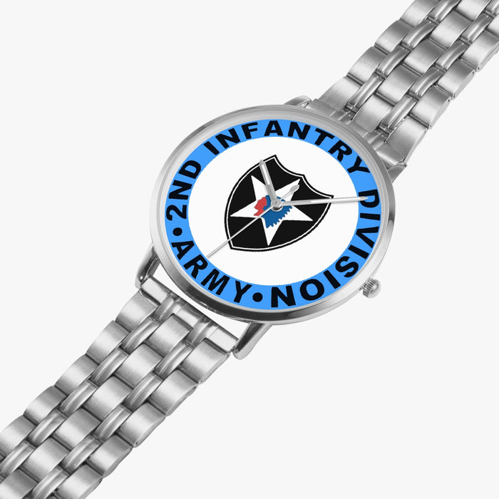 2nd Infantry Division Silvertone Watch is displayed in a perspective view on a white background with the silver metal strap stretched out.
