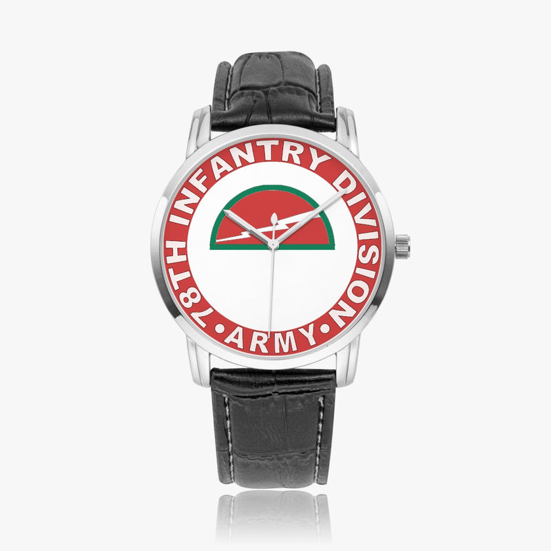 78th Infantry Division-Wide Type Silver Watch with a Black Leather Band