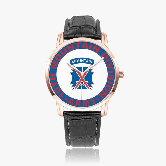 10th Mountain Division-Wide Type Golden Watch with a Black Leather Band