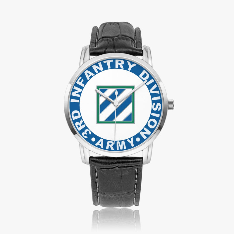3rd Infantry Division-Wide Type Silver Watch with a Black Leather Band