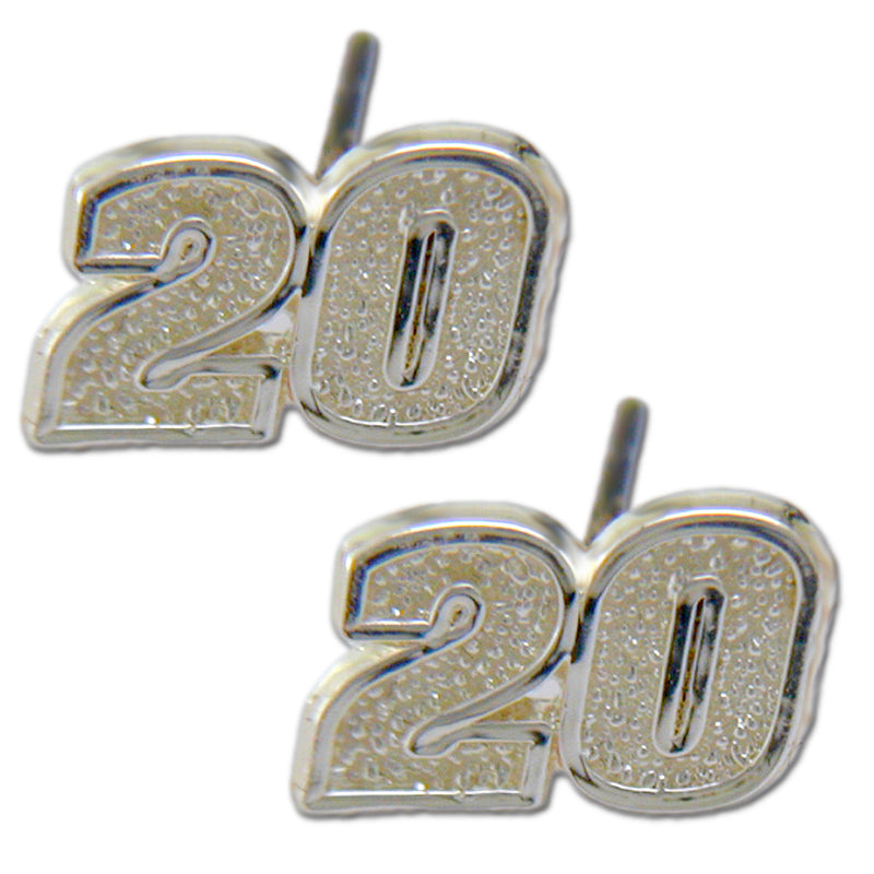 A pair of #20 NASCAR Driver Sterling Silver Post Earrings, featuring a textured "20" design with a shiny sterling silver finish, displayed on a white background.