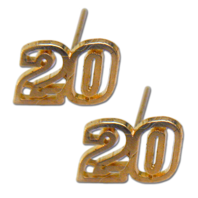 A pair of #20 NASCAR Driver 14 kt gold open post earrings with a shiny, reflective finish, displayed on a white background.