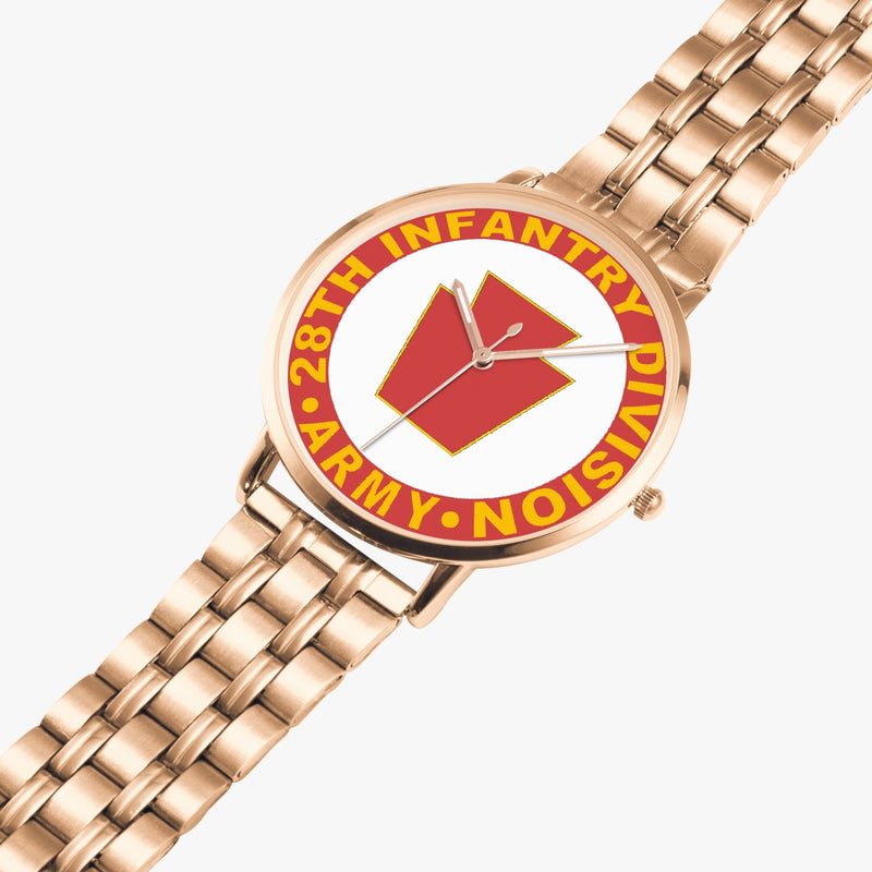28th Infantry Division Goldtone Watch is displayed in a perspective view on a white background with the gold metal strap stretched out.