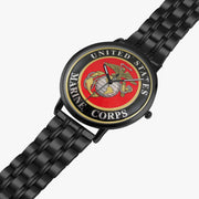 United States Marine Corps Watch is displayed in a perspective view on a white background with the black metal strap stretched out.