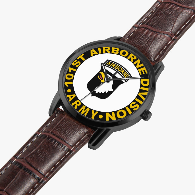 101st Airborne Division-Wide Type Black Watch is displayed in a perspective view on a white background with the brown leather band.