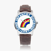 42nd Infantry Division-Wide Type Silver Watch with a Brown Leather Band
