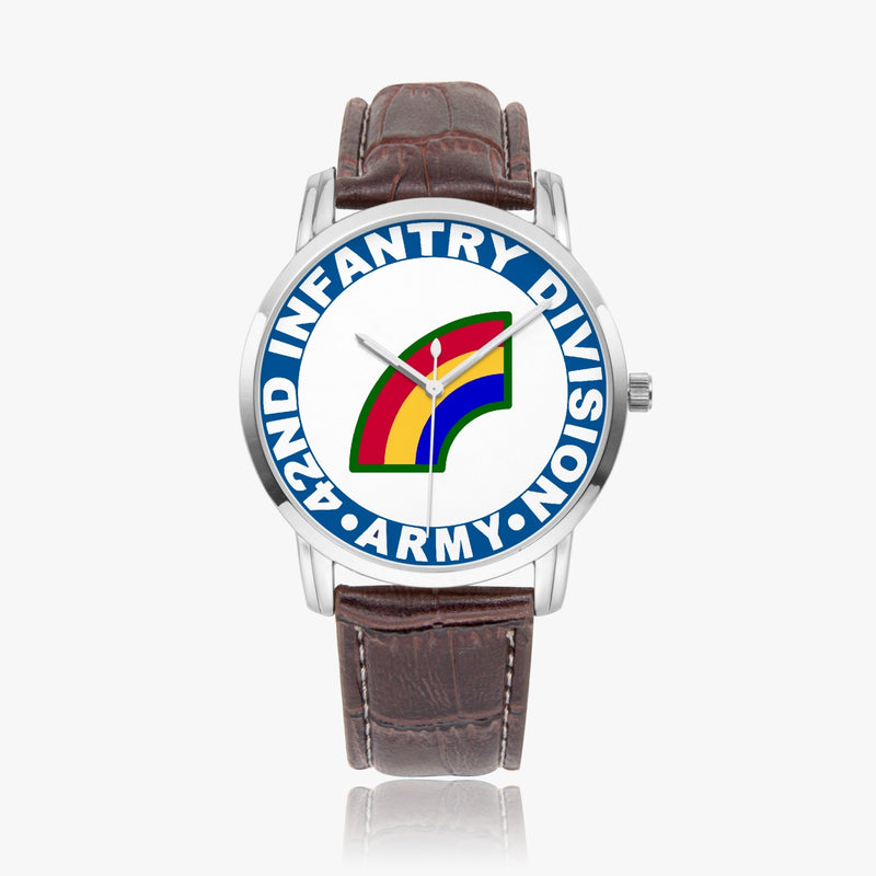 42nd Infantry Division-Wide Type Silver Watch with a Brown Leather Band