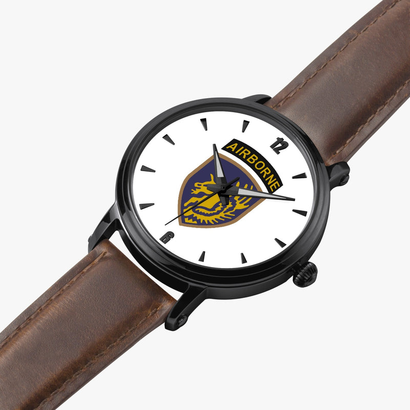13th Airborne Division-46mm Automatic Watch is displayed in a perspective view on a white background with a brown leather band