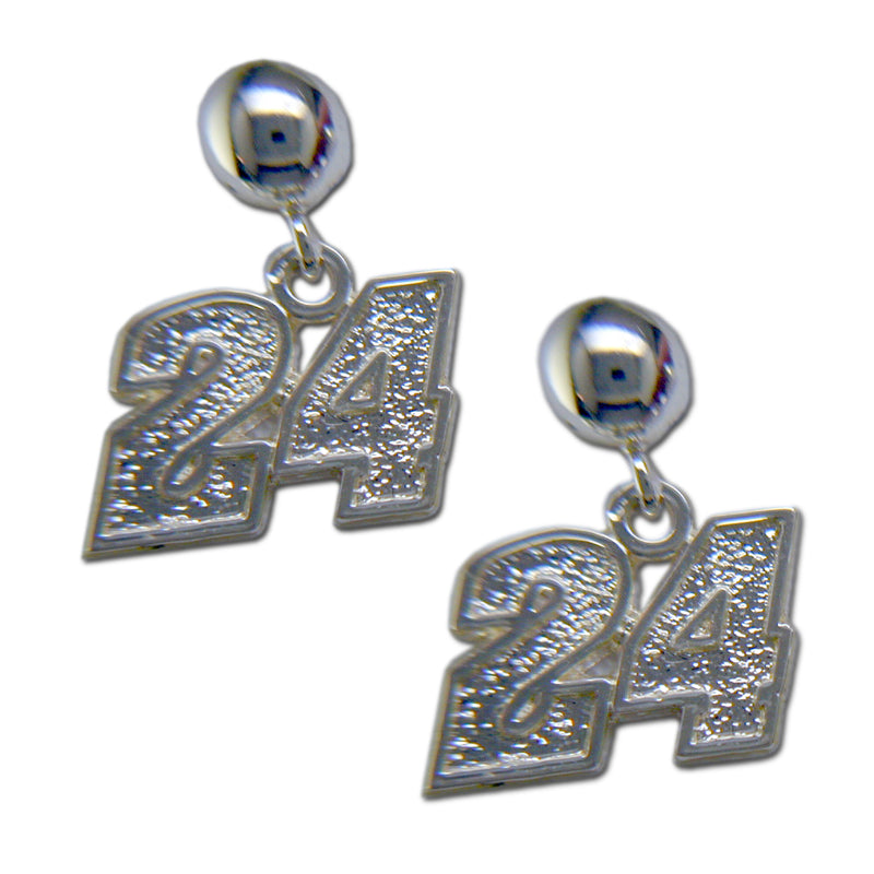 #24 NASCAR Driver Sterling Silver Ball Earrings featuring glittery number "24" charms attached to round silver studs—perfect for fans and inspired by Montana Silversmiths style.