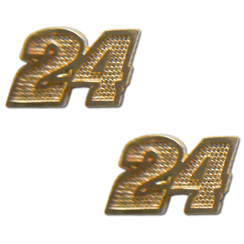 A pair of #24 NASCAR Driver 14 kt gold post earrings, each shaped like the number "24" with a textured finish, displayed on a white background.