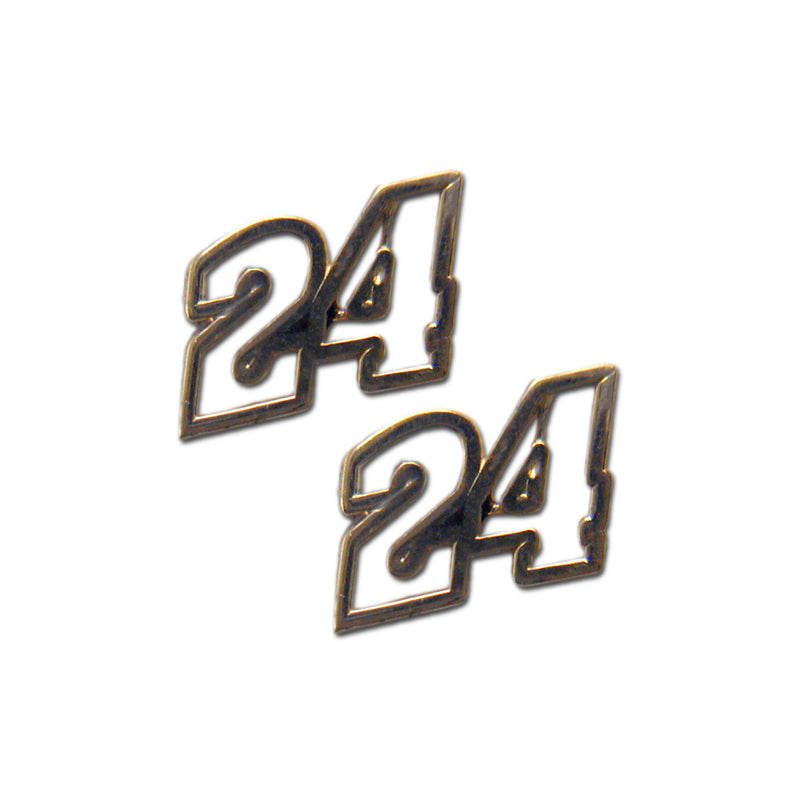 A pair of #24 NASCAR Driver 14 kt gold Open Post Earrings with a sleek black outline, crafted in the shape of "24" and displayed against a white background.